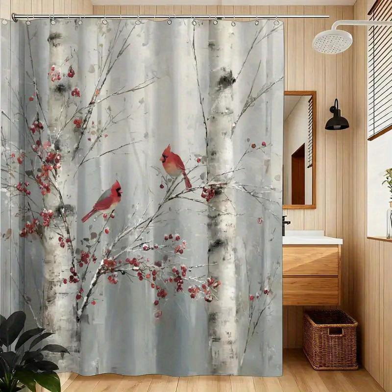 Winter Birds Shower Curtain Red Cardinal Birch Tree Design Nature Decor Bathroom Waterproof Curtains Artistic Home Style