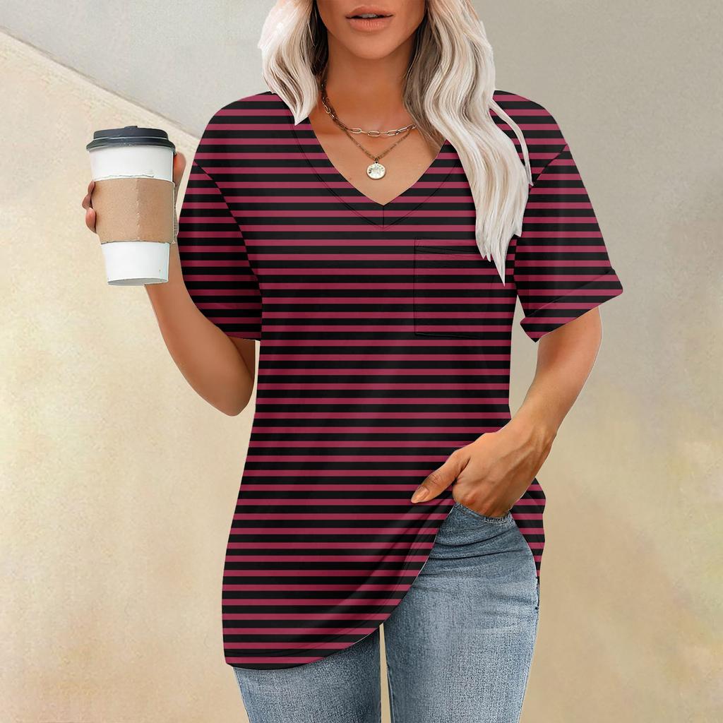 Fashion Pocket V-Neck Short Sleeve Striped Print T-Shirt Top
