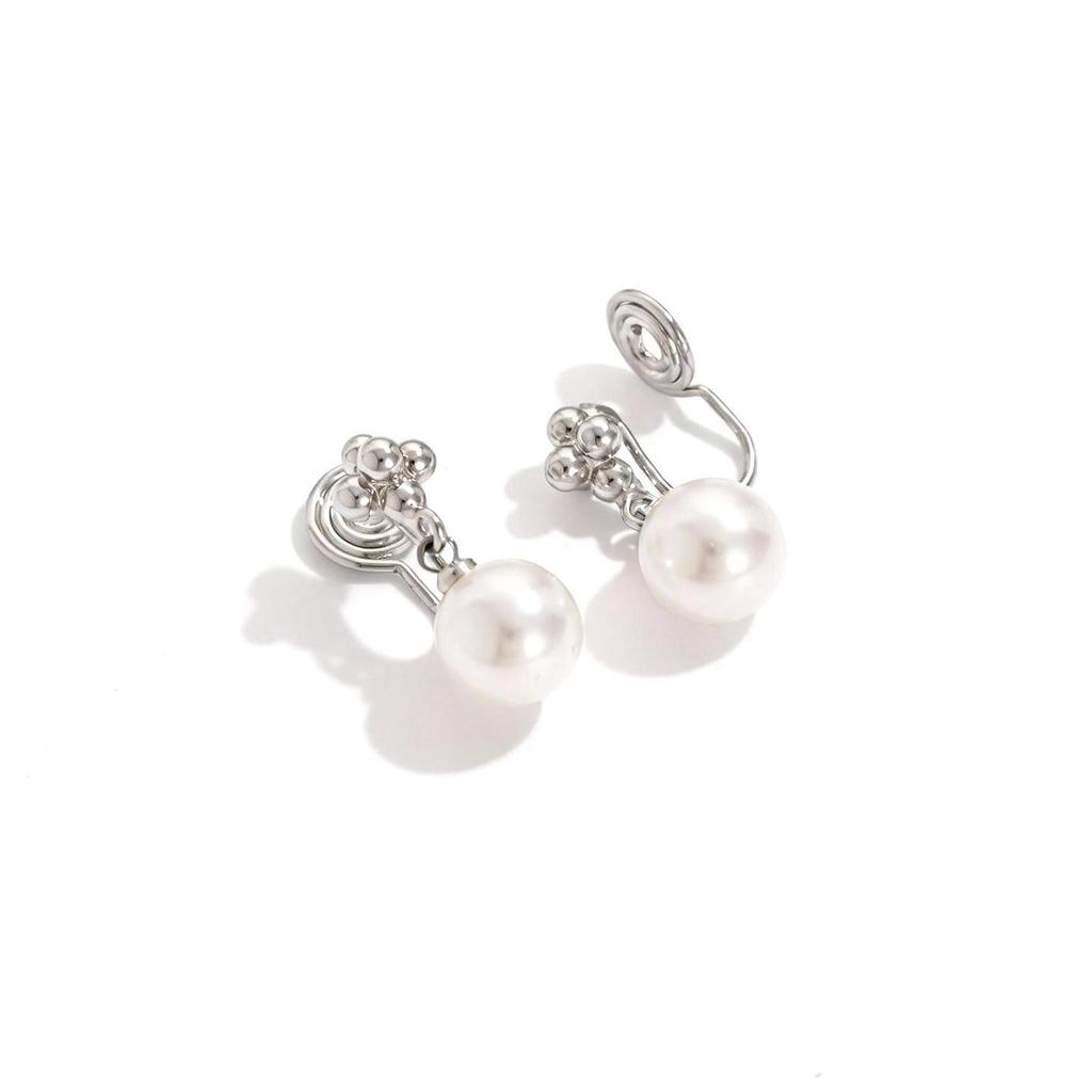 Retro Silver Bead & Pearl Flower Ear Studs - Elegant, Simple Design with Mosquito Coil Clip