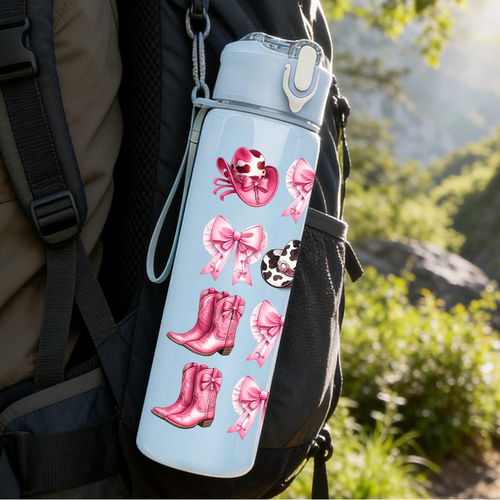 1PC Multicolor Stacked Bow Ribbon Print 750ml Color Plastic Sports Water Bottle Leakproof Flip Straw Lid Suitable for Sports Office Home Use