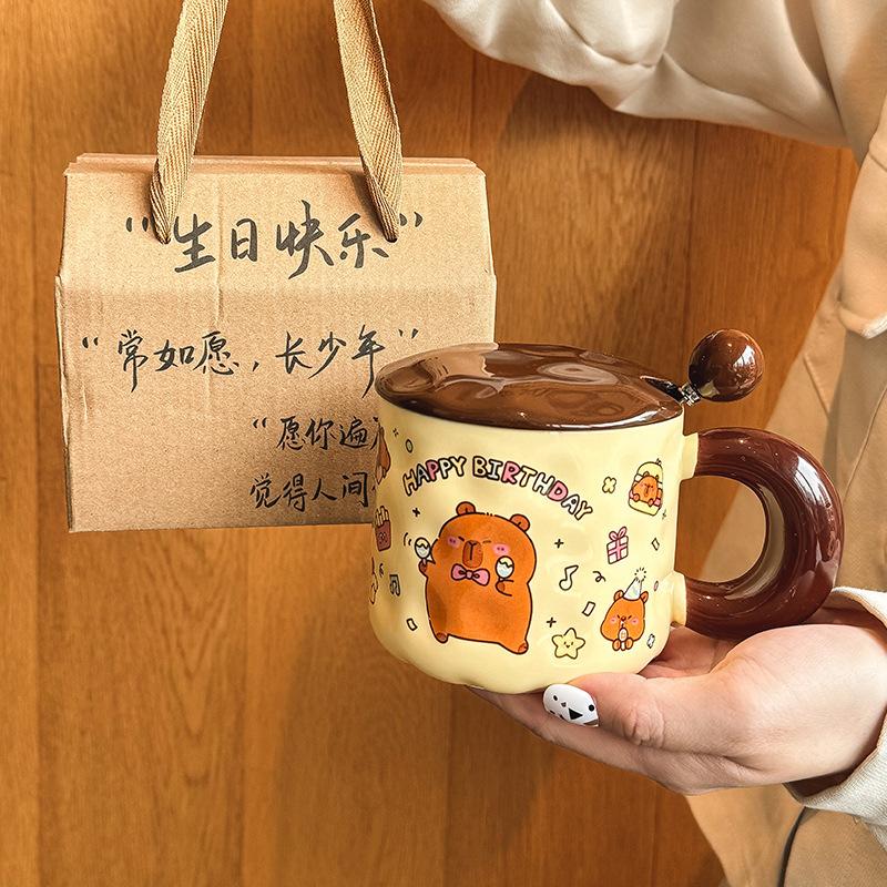 Cute Cartoon Ceramic Mug with Lid for Girls, Girlfriends, Birthday Gifts, Children's Gifts, Practical Cups, Gift Box.