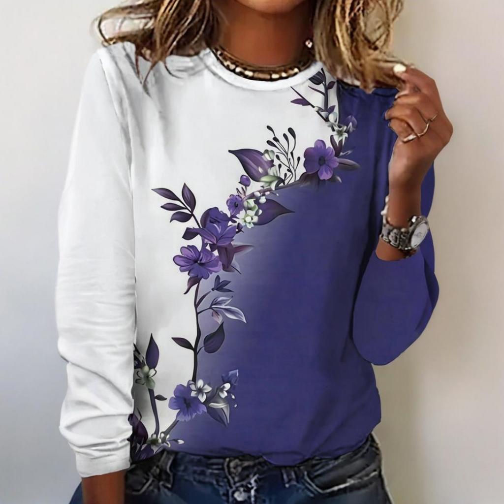 Patterned Women's Long Sleeve T-Shirt Autumn Crew Neck Comfortable Slim Fit Beautiful Top Gradient Style Women's Style