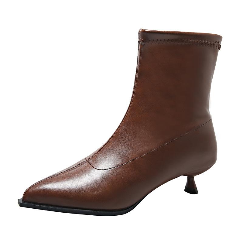 Hot Selling French Leather Boot 2025 Autumn New Women's Fashion Single Boots Pointed Toe, Thin Heel Mid Heel, Sleeve Short Boots