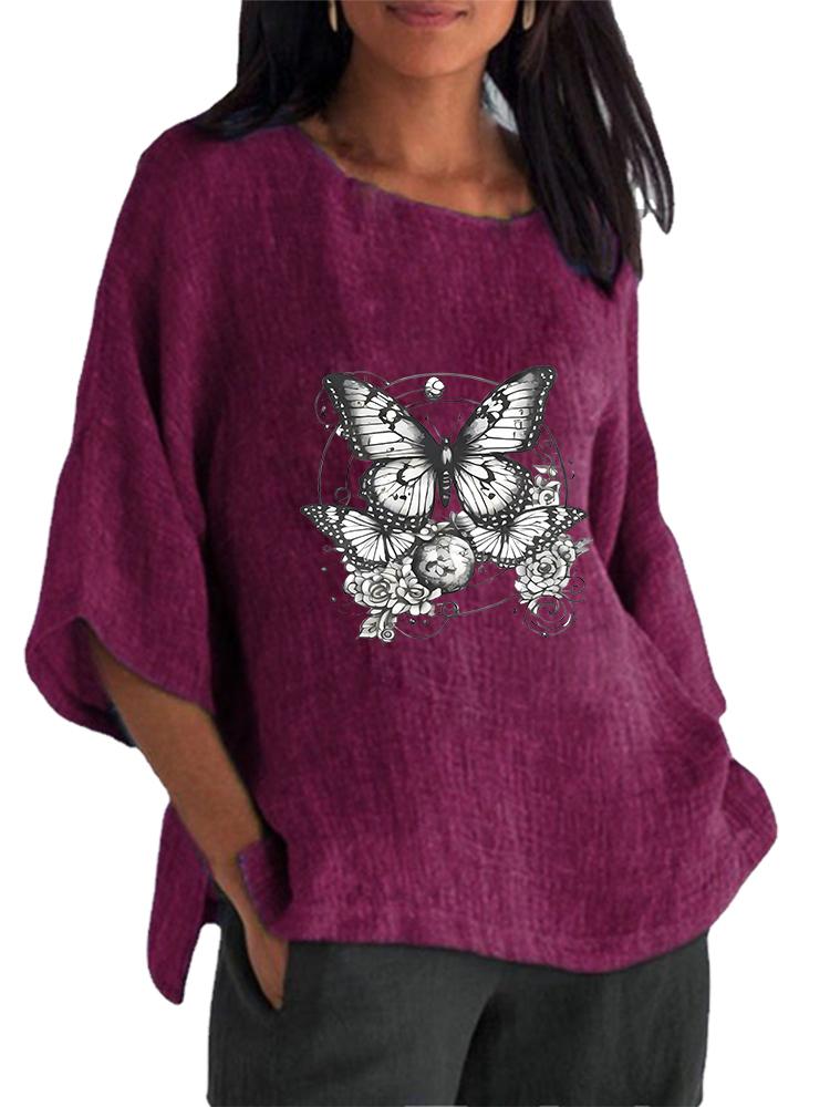 

Женская модная футболка с принтом с круглым вырезом Весенне-летний топ с рукавом 3/4 Женская хлопково-льняная блузка 5XL фиолетовый