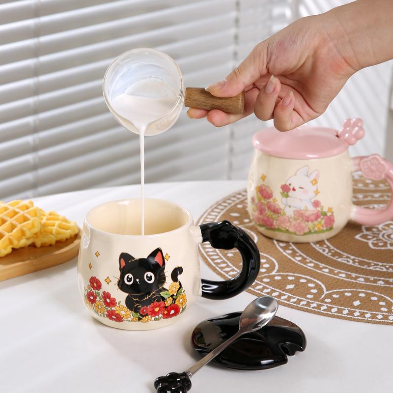 Kreative Katze Tasse mit Deckel Geschenk Trinkbecher Süße Hase Keramik Kaffeetasse Büro Wasserbecher