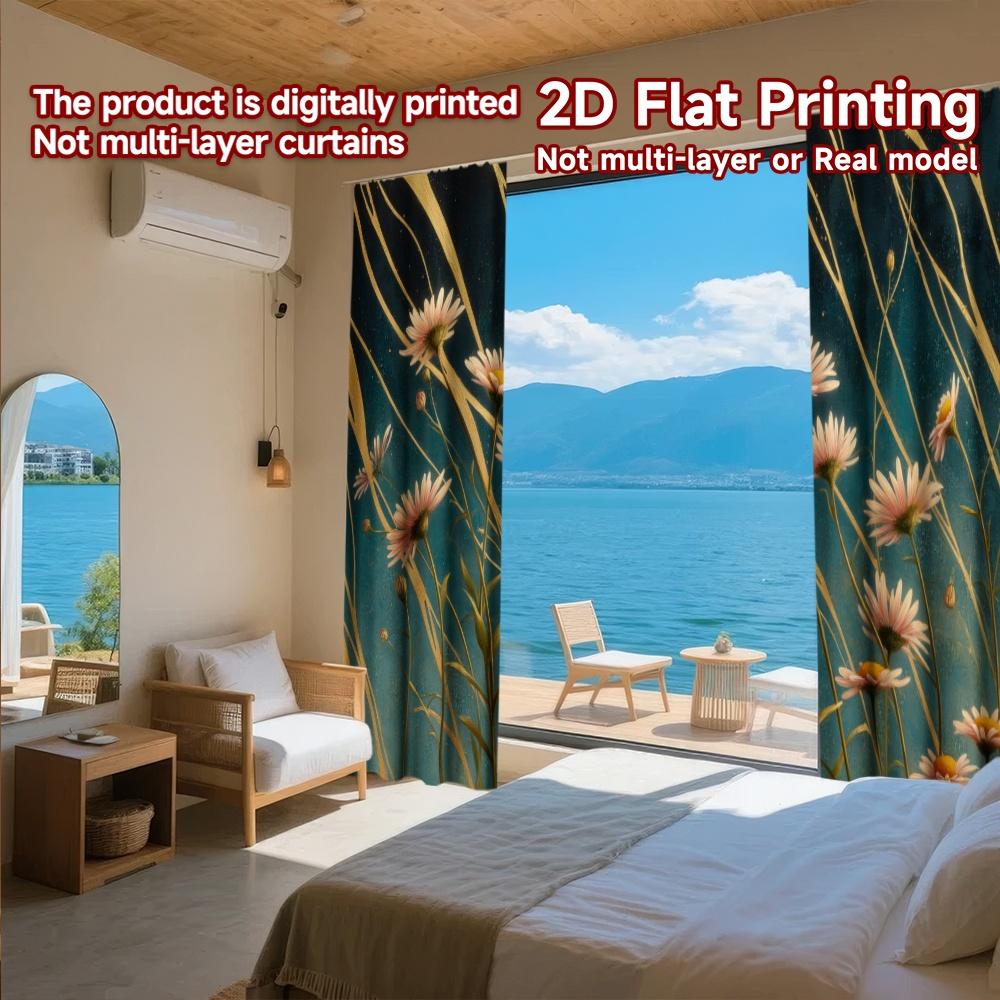 2D FLAT PRINTING 2pcs Curtains (Without Rod) Floral Elegance with Gold Accents Modern Fashionable Curtainments During the New