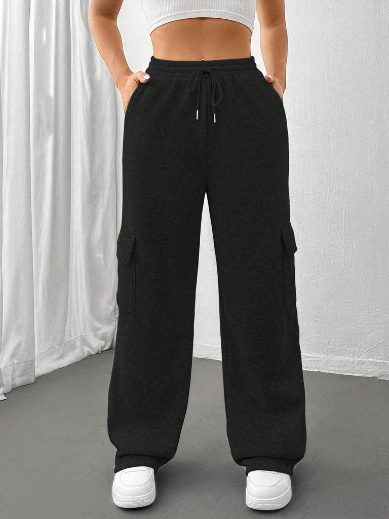 Damen Thermo-Hose Unifarben, Lässige Bequeme Hose mit Seitentaschen und Kordelzug für den Winter, Damen Hosen für Sport und Alltag