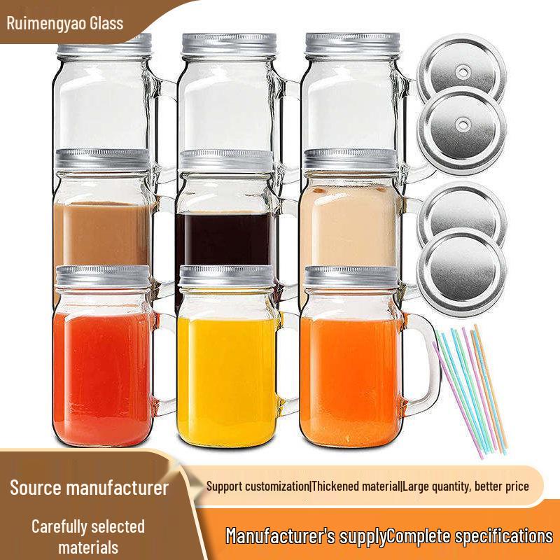 Customizable Logo 16oz Mason Jar Glass Cup with Handle Sealed Lid