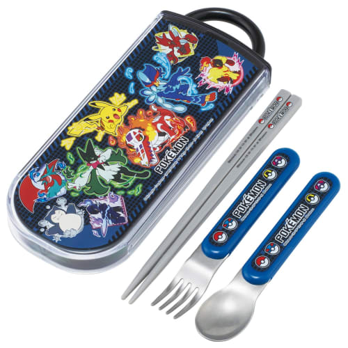 Skater Kids' Bento Trio Set, Chopsticks, Spoon, and Fork, Antibacterial Cutlery, Easy-Open Slide-Open Design, Made In Japan, Pokemon Design, Size 25,