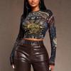 2026 New Retro Artistic Mesh Top, Personalized Painted Printed T-shirt, Elastic Micro-transparent Mesh Women