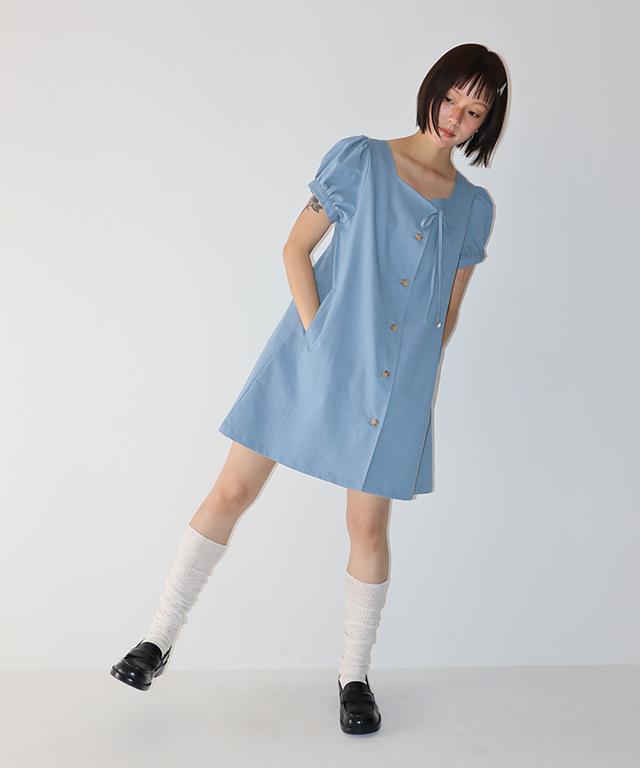 Ronron Charming Puff Sleeve Button Dress Soft Blue