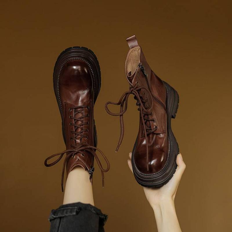 

Новые рыцарские ботинки на среднем каблуке с круглым носком большого размера кожаные удобные на толстой подошве на шнуровке женские ботинки осень и зима коровья кожа ботинки средней высоты женские 40