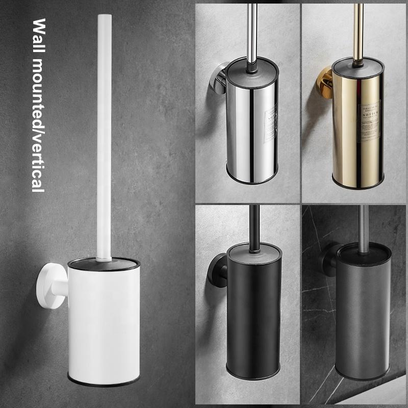 Modern Wall Hung Mounted 304 Stainless Steel Golden Round Toilet Brush Holder Set Gold Black Gun Grey Chrome
