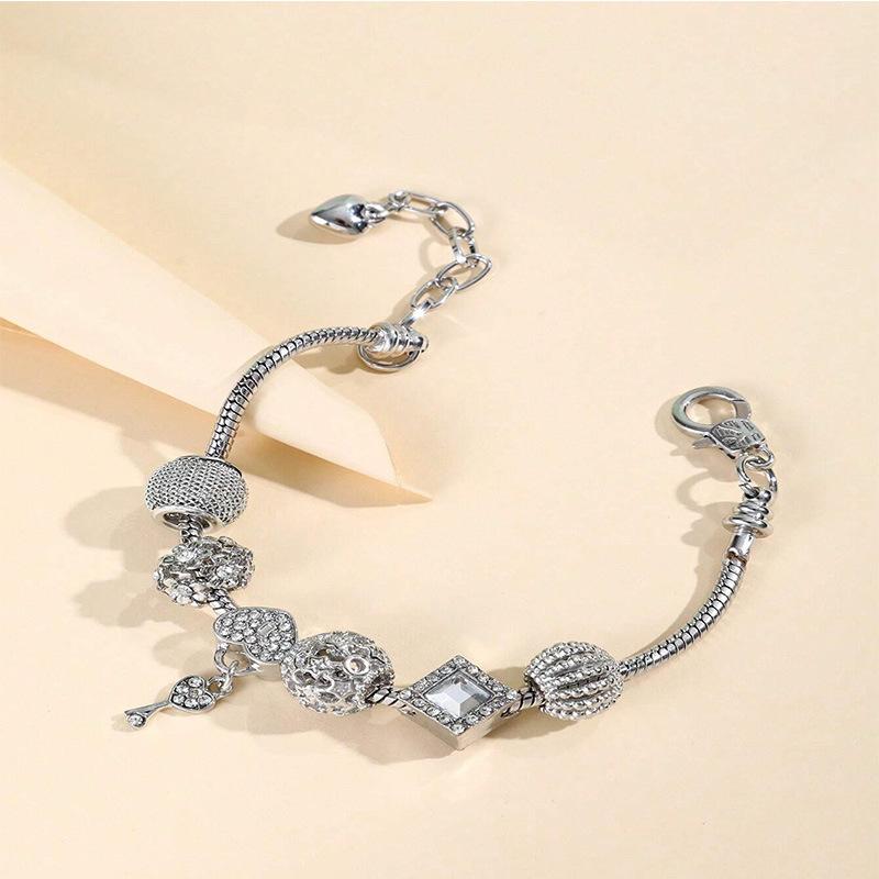 Adjustable Heart Key Bead Bracelet DIY Alloy Charm with Sparkling Rhinestone Jewelry