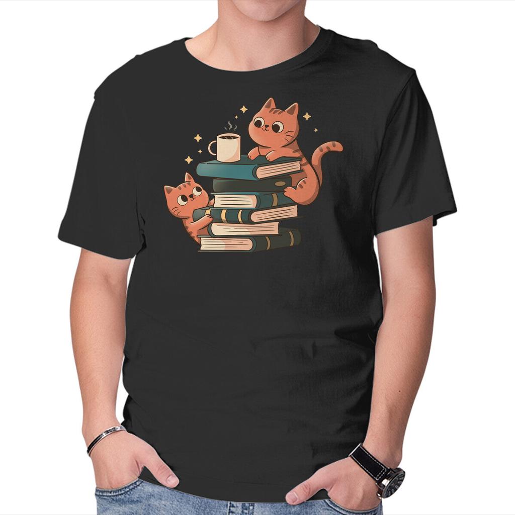 Unisex Crew Neck T-Shirt Cats And Books And Coffee Graphic Short Sleeve Casual Tee