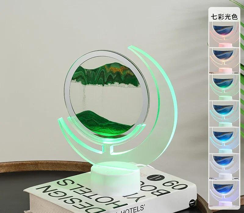 3D Sandscape Moving Sand Art Picture Table Lamp with 7 Colors Quicksand Liquid Hourglass Flowing Sand Painting Home Decor Gifts