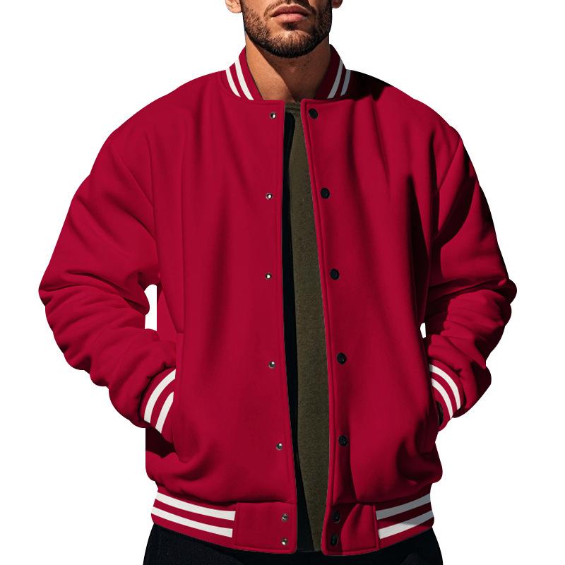 Herren Baseballjacke Herbst und Winter Fleece Amerikanische Einfarbig Locker Lässig Stehkragen Einreiher Fliegerjacke
