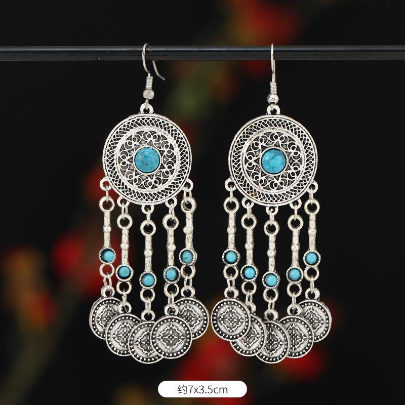 Retro Exotic Ancient Silver Coins Tassel Earrings Women's Long Personalized Earrings Niche Earrings