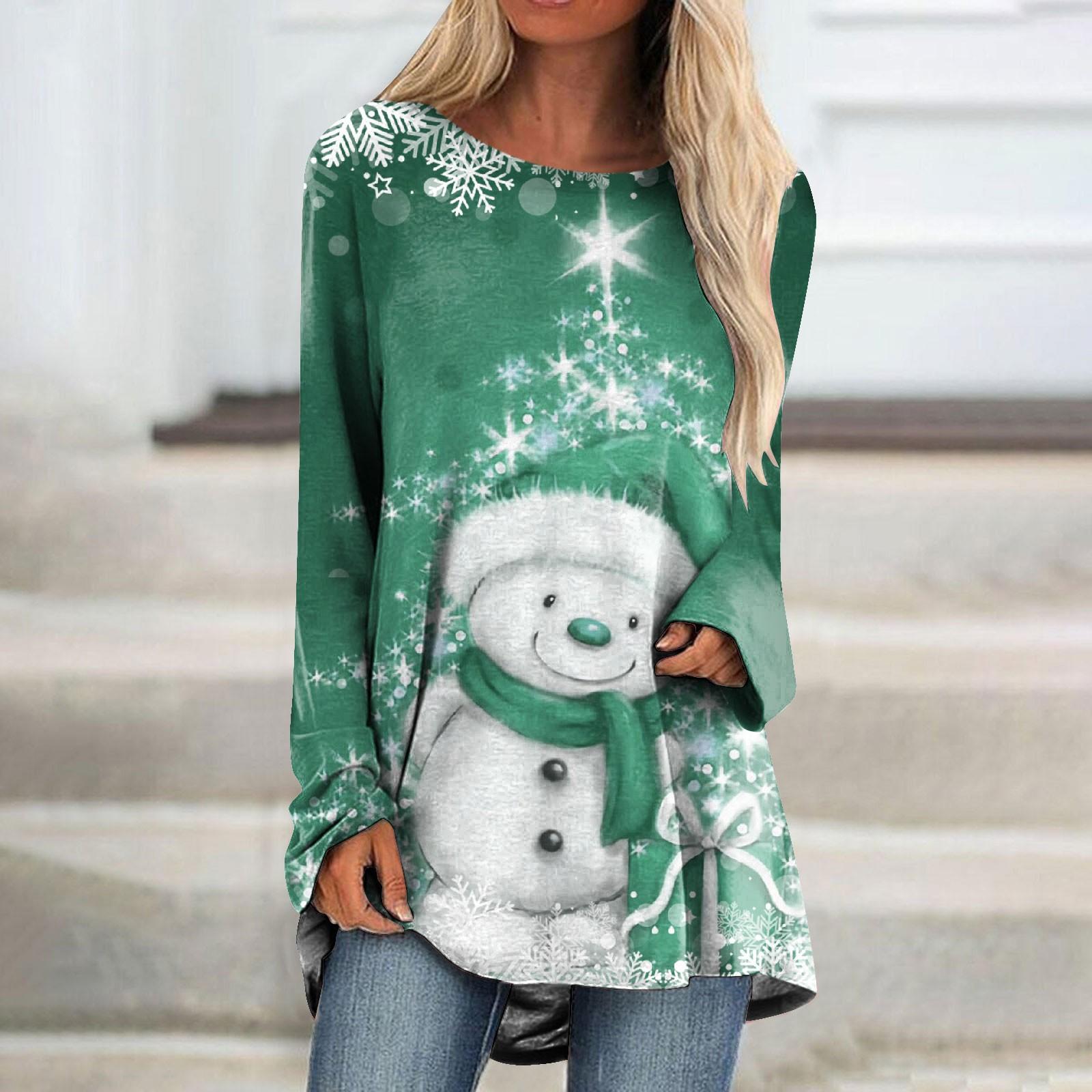 

Женская модная повседневная футболка с рождественским принтом, длинный рукав, круглый вырез, топ средней длины