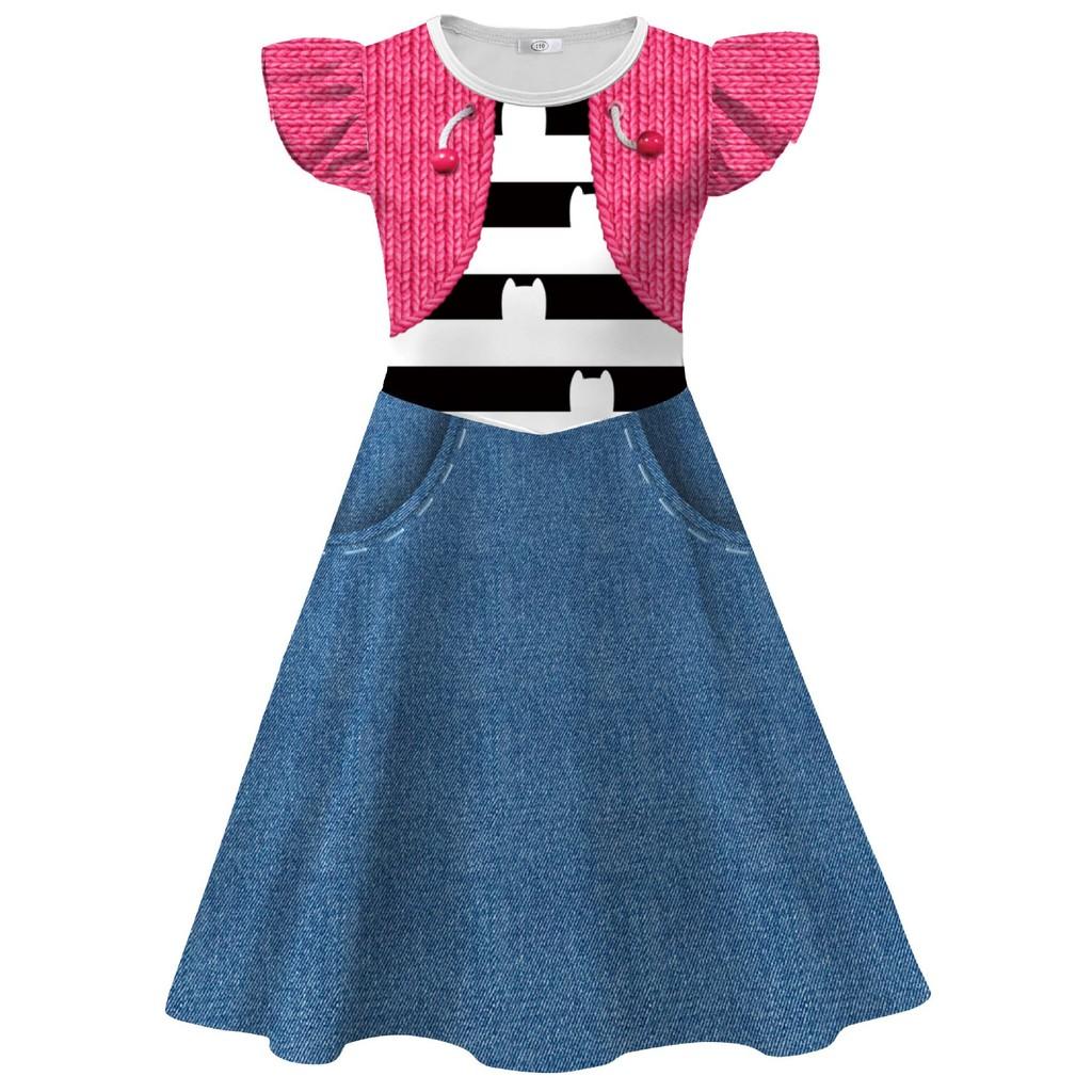 

Детское платье для девочек с мультяшным принтом, с оборками на рукавах, с круглым вырезом, повседневное, костюмы для косплея на Хэллоуин 110