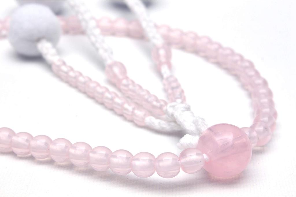 Soka Gakkai Prayer Beads, New Member Gift, 3-Piece Set for Women, Rose Quartz Prayer Beads with Dotted Blue Case