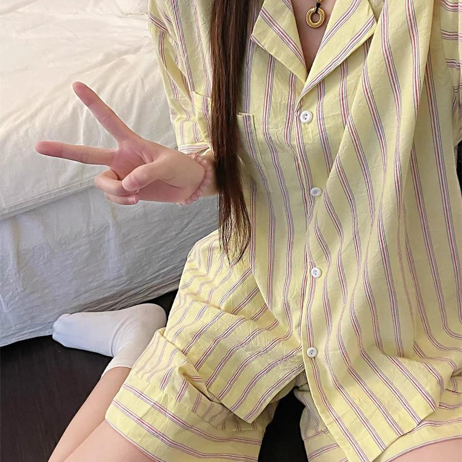 Yellow Striped Lazy Pajamas Women's Summer New Short-sleeved Shorts Casual Loungewear Girl Two-piece Set