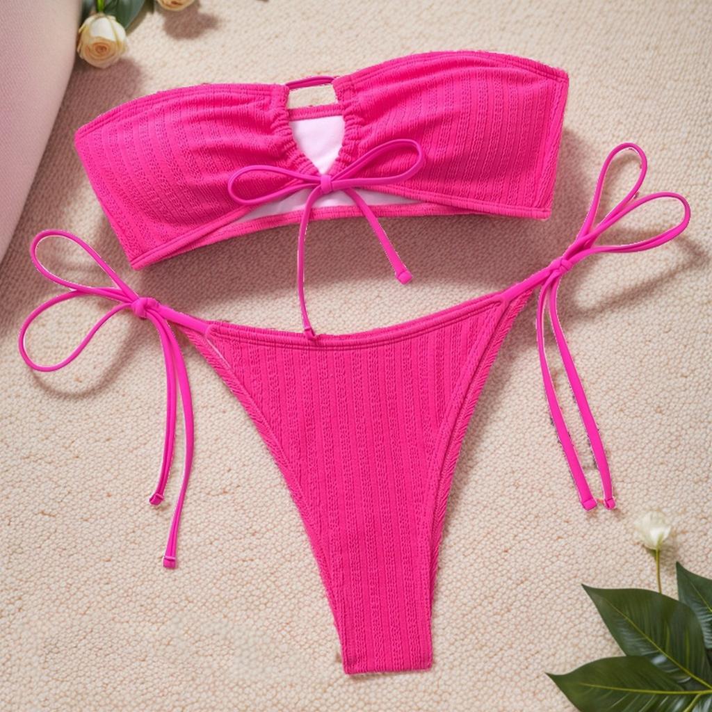 2026 New Style Solid Bandeau Tie Backless Sexy Bikini Set Comfortable Elegant Fashion For Summer Vacation & Holiday