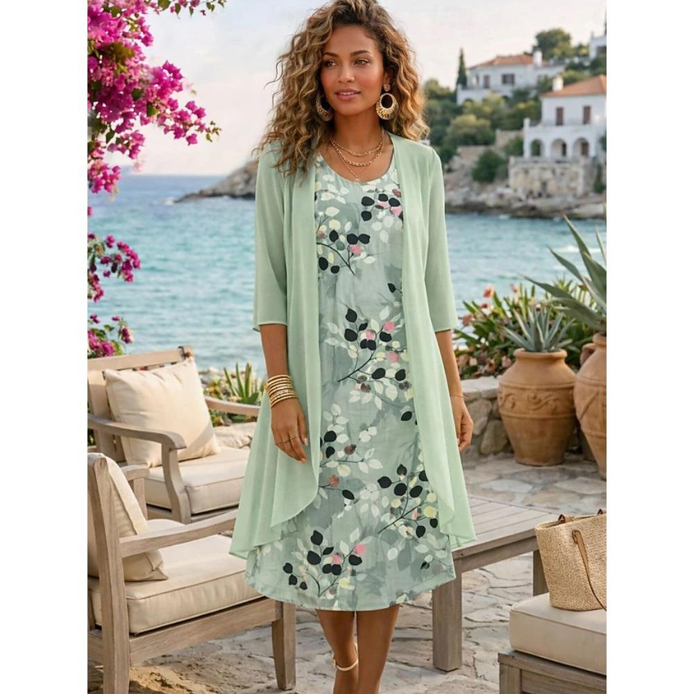 Women's O Neck Floral Print Midi Dress Two Piece Three Quarter Sleeve Chiffon Cardigan Loose Fit Casual Summer Outfit Set