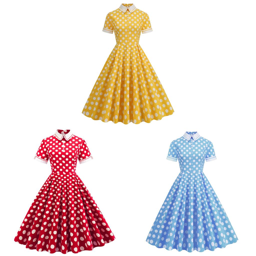 Vintage Polka Dot Dress With Cotton Fabric For Elegant Spring Casual Occasions