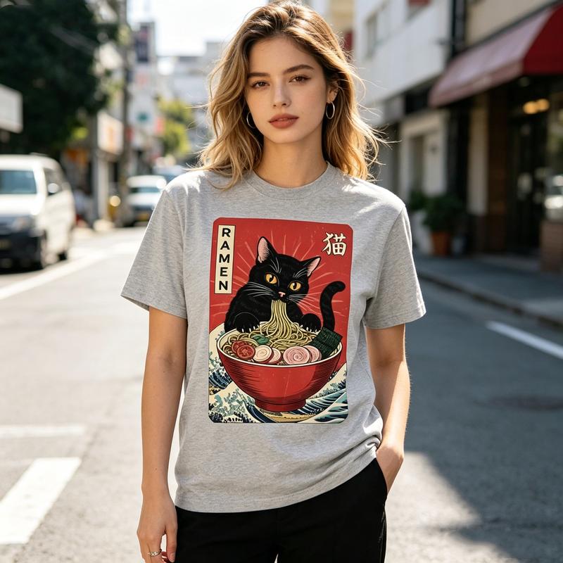 Retro RaUnisex Cat Graphic Tee Japanese Ukiyoe Style Print Unisex Unisex Cotton Short Sleeve Casual Gift T Shirt