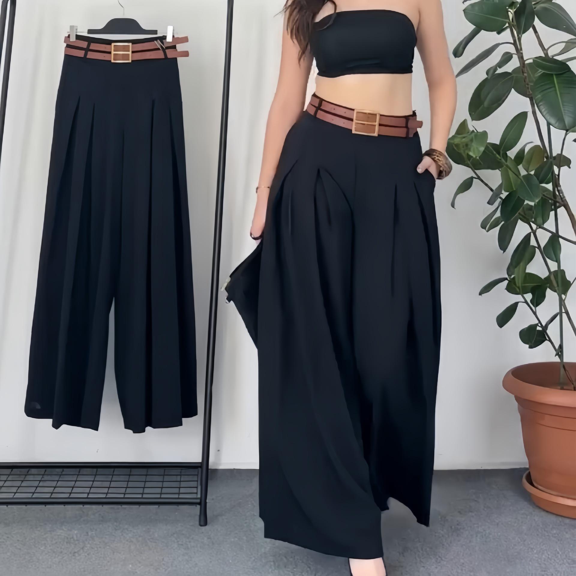 Women Fashion High Waist Wide Leg Casual Long Pants S чёрный