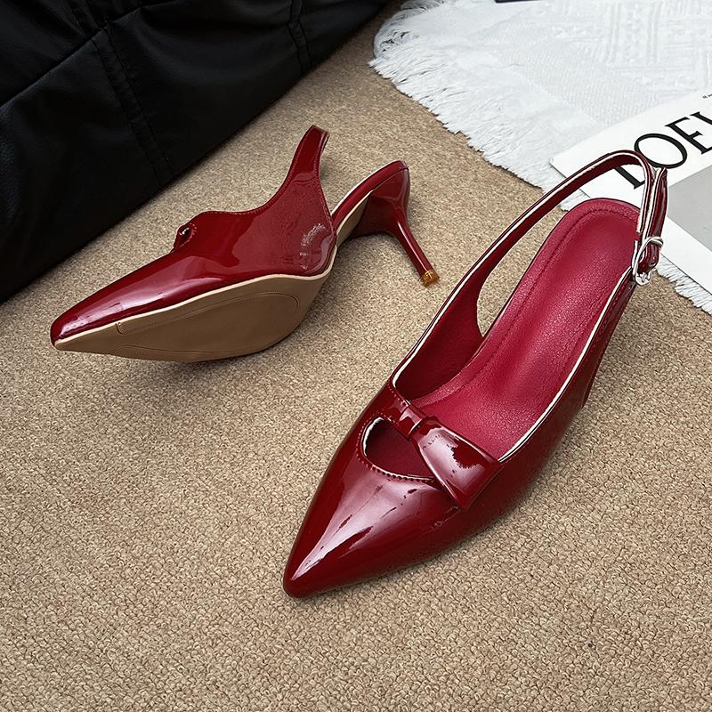2026 Modern Office Women's Shoes Red Wedding Backless Pointed Butterfly Decoration Women High Heeled Sandals