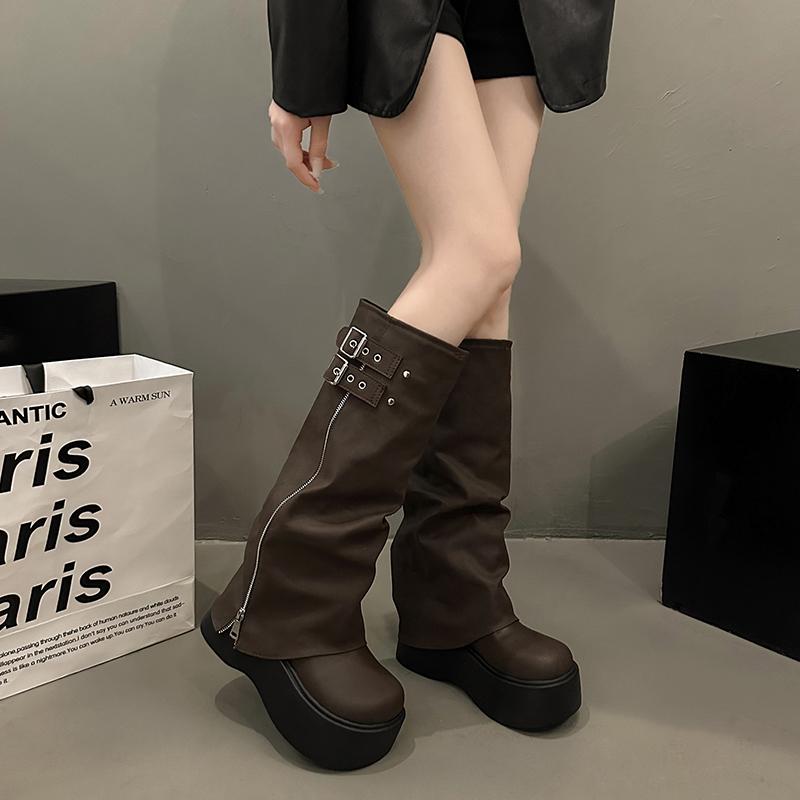 Punk Style Platform Thick Bottom Women Knight Boots Fashion Button Combination Splicing Height Increase Female Long Booties