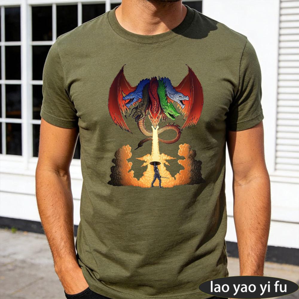 DD Tiamat Fire Breath Battle Scene Art Print TShirt Unisexs Epic Fantasy Gaming Short Sleeve DUNGEONS DRAGONS Series tee Tops
