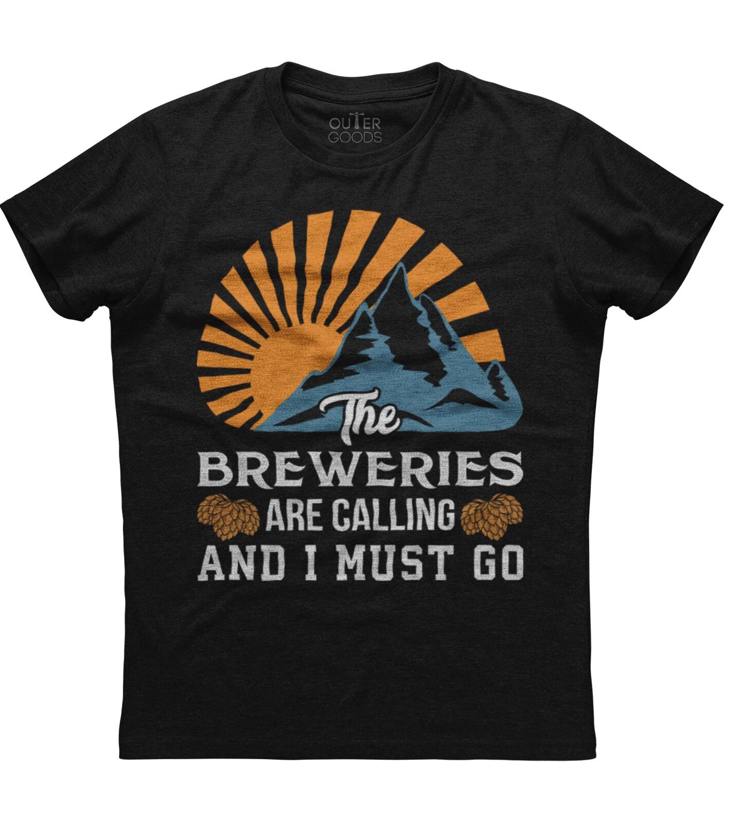 Breweries Are Calling I Must Go Vintage Mens Short Sleeve Cotton Black T-shirt 4XL