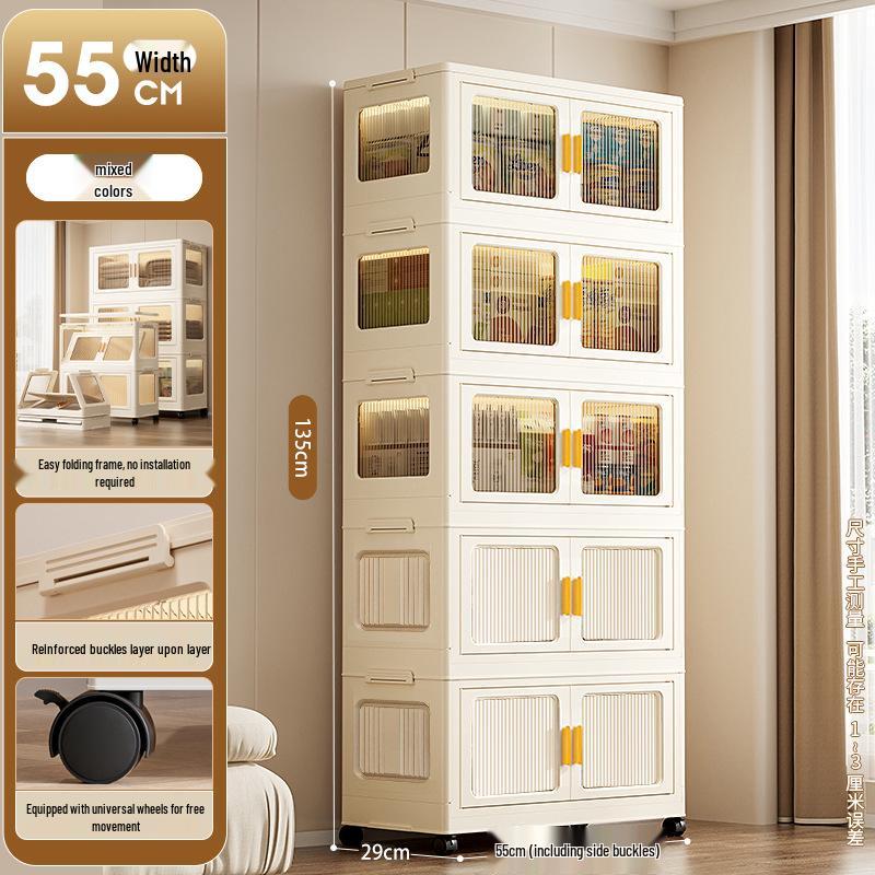 Movable Multi-Layer Folding Storage Cabinet: No-Installation Plastic Organizer for Bedroom and Living Room
