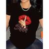European Sizes Women's Sexy Lips Graphic T-Shirt - Soft Polyester Shirt with Red Lip Print, Lightweight Non-See, Everyday Outfits