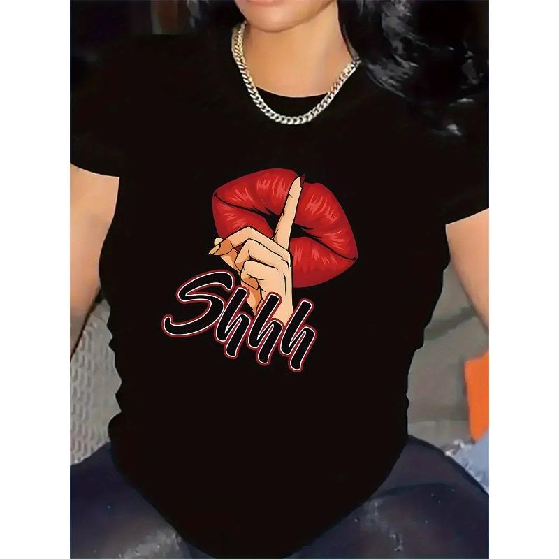 

European sizes Women s Sexy Lips Graphic T-Shirt - Soft Polyester Shirt with Red Lip Print, Lightweight Non-See, Everyday Outfits 4XL чорний