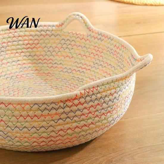 Panier Nid de Couchage pour Chat Corde de Coton Animal de Compagnie avec Design d'Oreilles Tissé à la Main pour Chats Chiots Lapins Petits Animaux Coussin