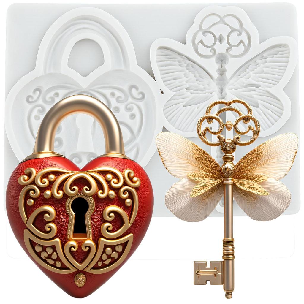 Vintage Key Silicone Molds Heart Lock Keyhole Fondant Mold Cake Decorating Tools Cupcake Topper Chocolate Candy Craft Gum Paste Polymer Clay