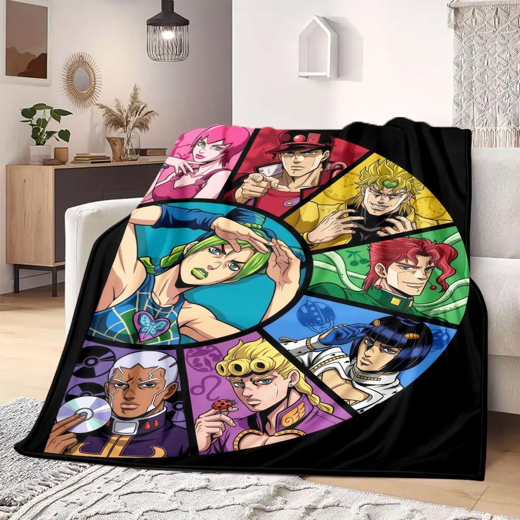 JoJo's Bizarre Adventure Cartoon Flannel Blanket, Printed Style for Beds and Chairs, Warm Bedding, Travel Picnic Use_LIAN
