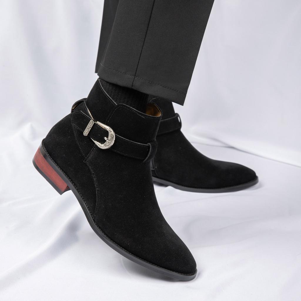 Fashion Buckle Strap Men's Chelsea Boots Pointed Toe Suede Leather Boots For Man Autumn Winter Business Casual Ankle Boots Man