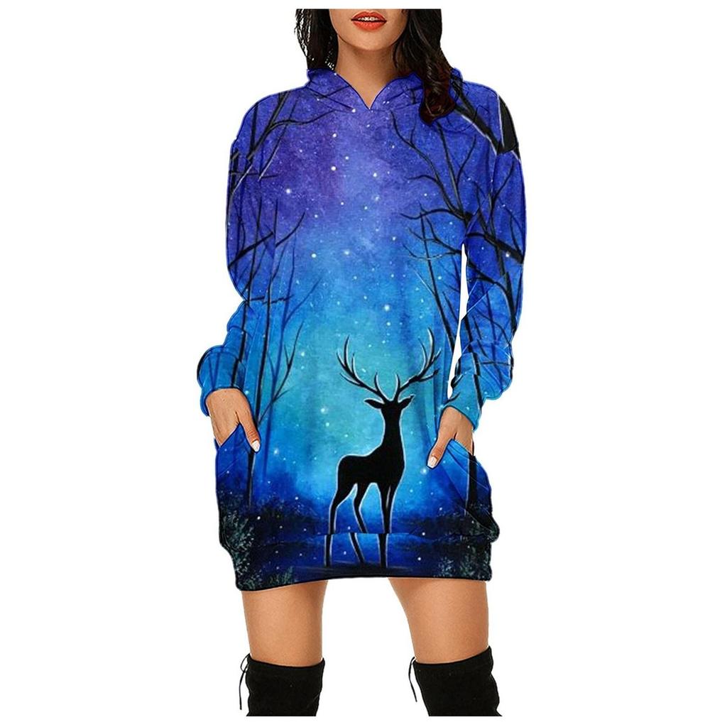 Women's Fashion Casual Print Long Sleeve Pocket Pullover Hooded Blouse Top