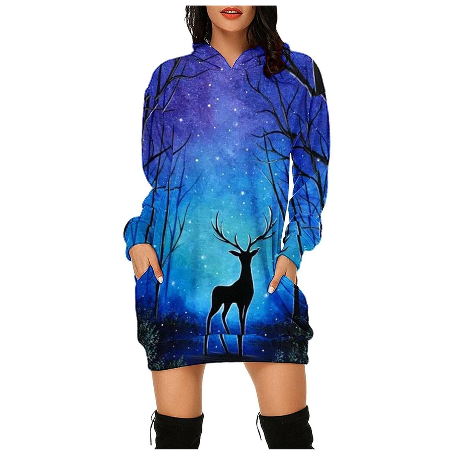 

Women s Fashion Casual Print Long Sleeve Pocket Pullover Hooded Blouse Top XL синій