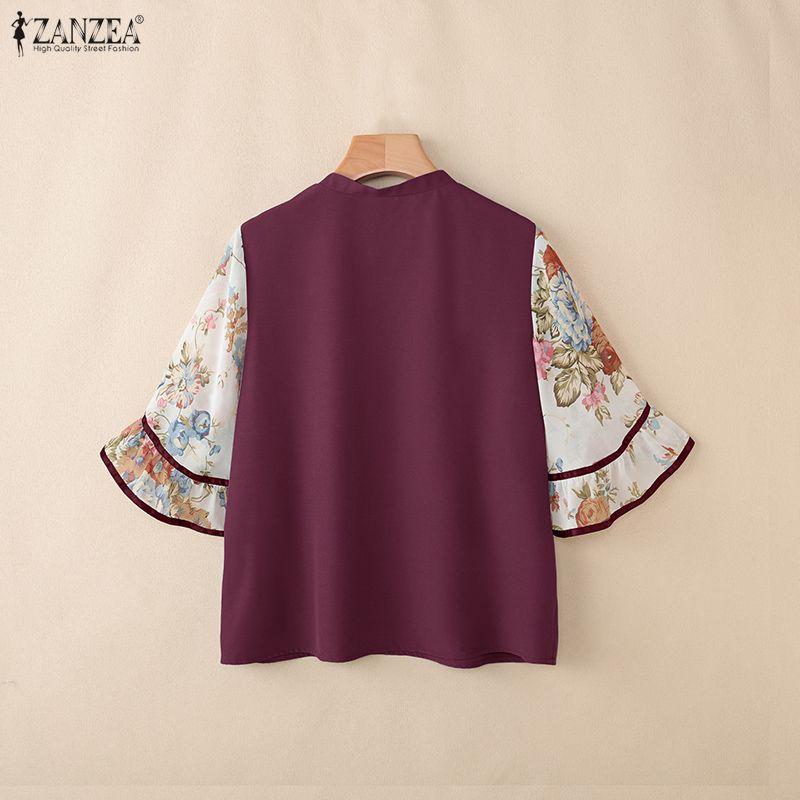 ZANZEA Women Casual V-Neck Splice Half Sleeve Loose Blouse