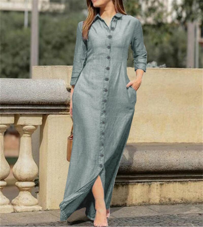 Women's Shirt Collar Long Sleeve Maxi Dress Loose Fit No Waist Elegant Solid Linen Cotton Split Hem Pocket Casual Shirt Dress