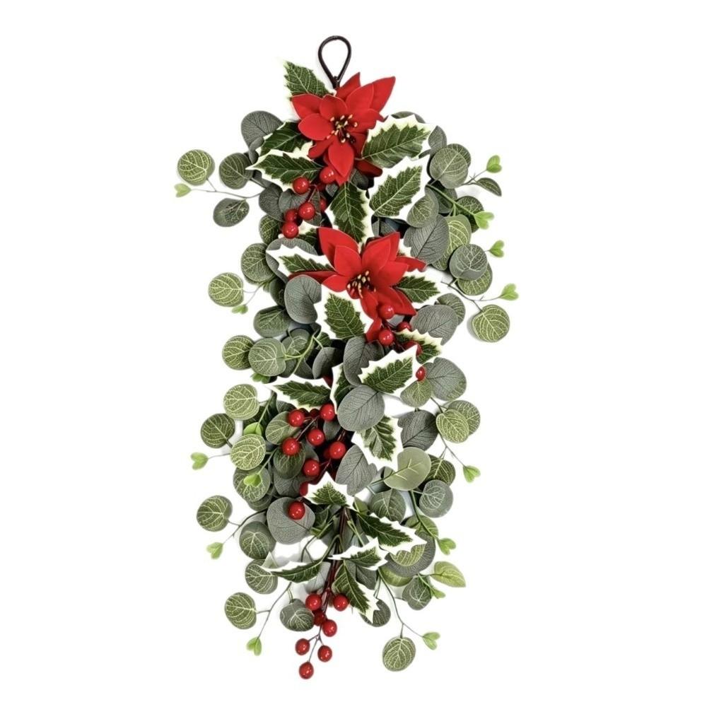 Red Berry Holly Artificial Poinsettia Garland Realistic Poinsettia Pine Wreath  Front Door Decor