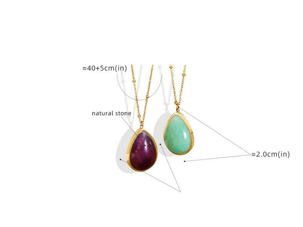 Korean Style Teardrop Oval Pendant Necklace, Natural Raw Stone, Clavicle Chain, Gold-Plated Titanium Steel