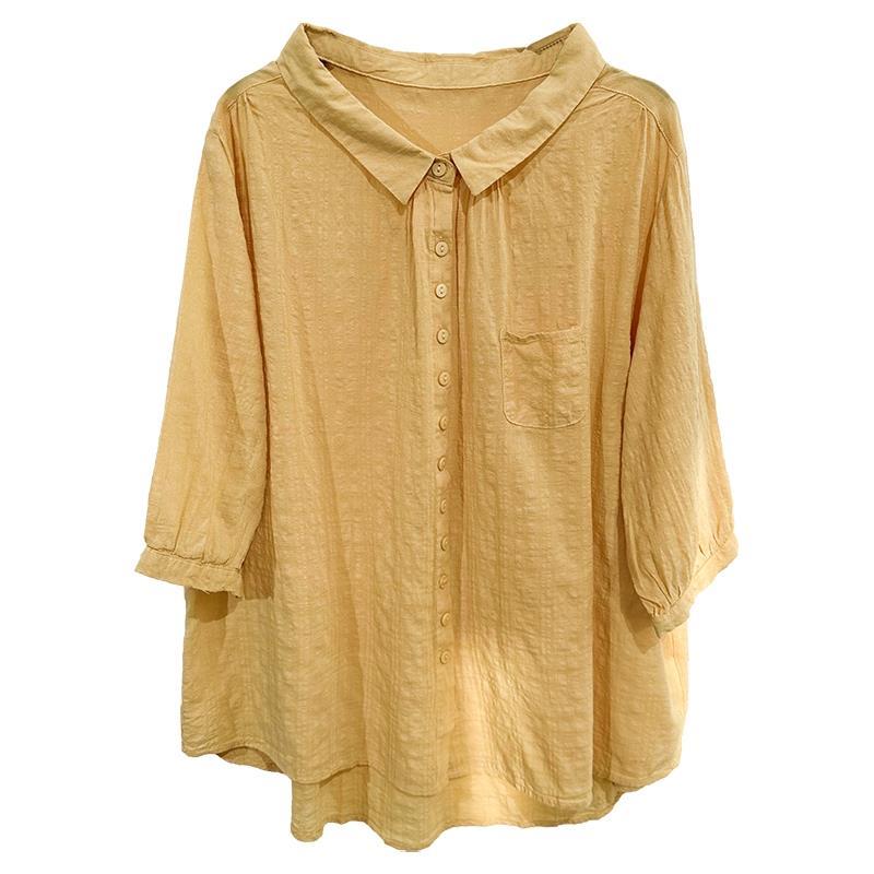 Solid Color Five Quarter Sleeved Shirt for Women's Summer Vintage Artistic Single Breasted Fashionable Loose Top