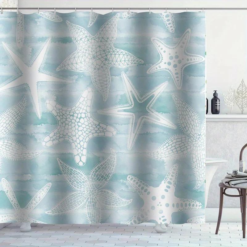 1Pc Contemporary Starfish Shower Curtain - Waterproof, 12 Hooks, Machine Washable, Modern Bath Accessory